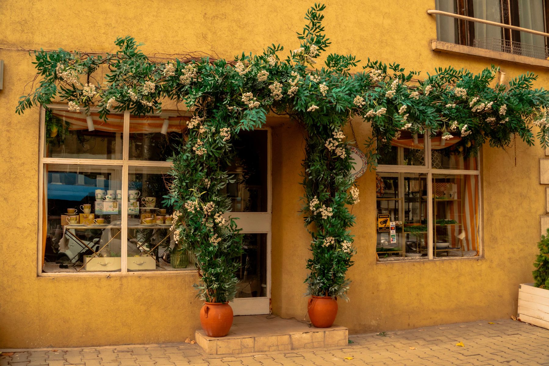 A yellow shopfront with a vine-covered arch over its door and windows