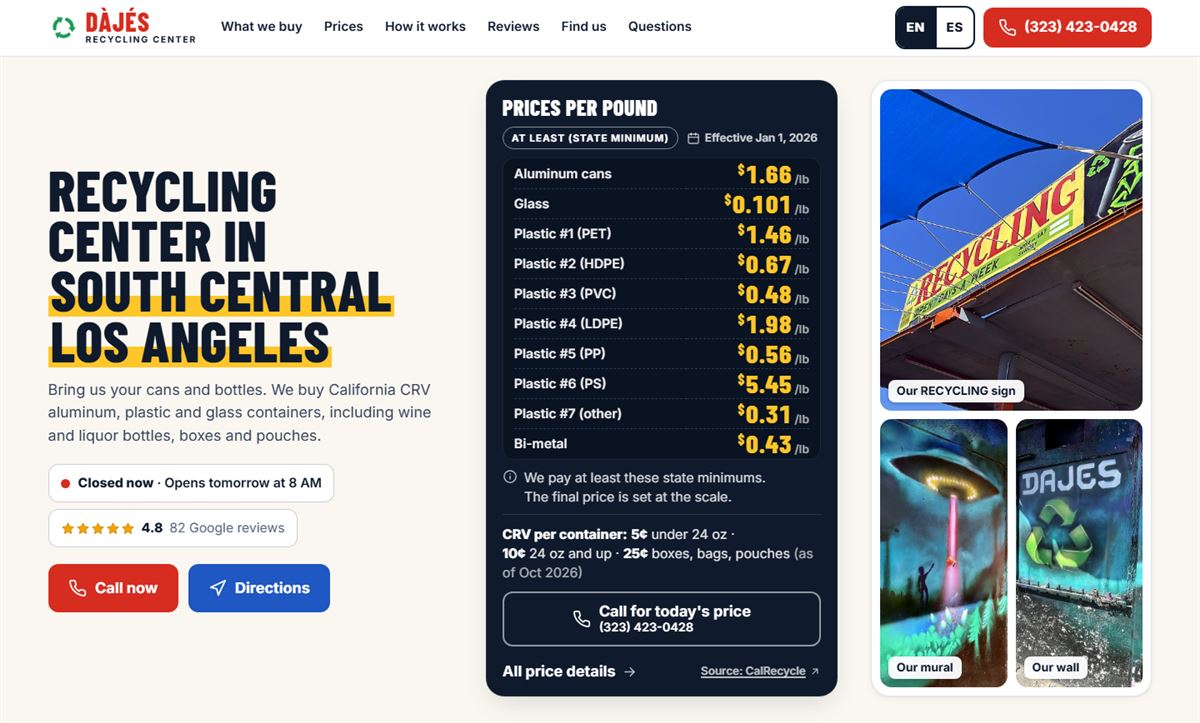 The DÀJÉS Recycling Center home page with its price-per-pound board and photos of the yard